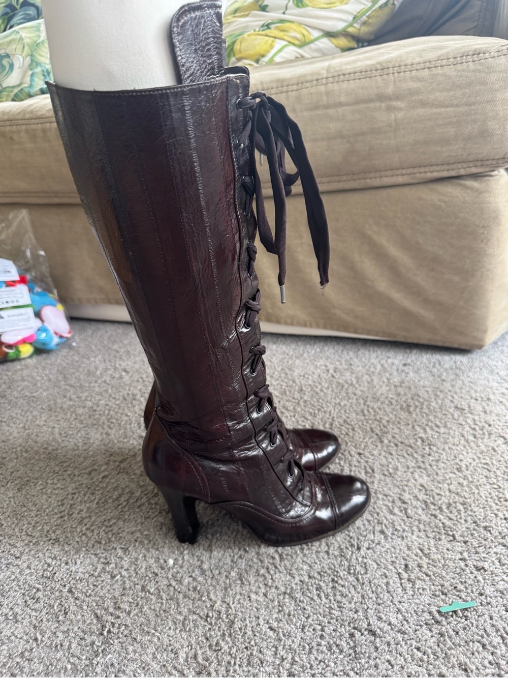 Burberry Dark Brown Lace-Up Knee-High Heeled Boots - Picture 5 of 6